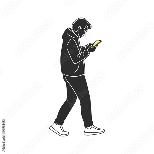 Person Walking While Using Smartphone, Mobile Technology and Connected Lifestyle Illustration