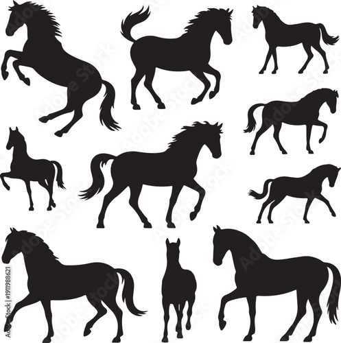 Set of eight black horse silhouettes in varied poses including standing, trotting, and rearing, symbolizing motion, elegance, and strength on white background