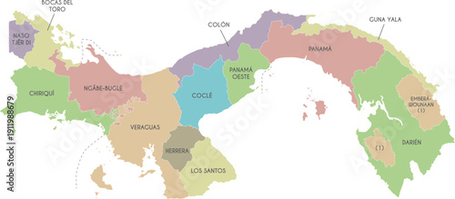 Vector map of Panama with provinces, indigenous regions and administrative divisions. Editable and clearly labeled layers.
