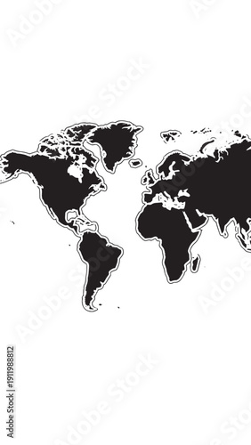 Global silhouette world map in black and white showing continents and oceans.