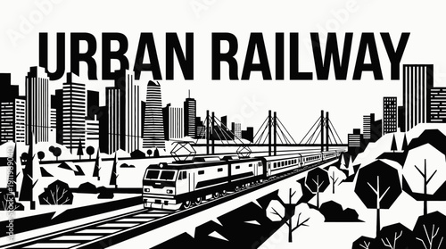 train railway track landscape inside modern city black and white skyline with electric locomotive transport infrastructure between buildings along urban horizon showing travel journey transit motion