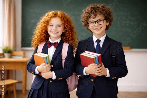 Wallpaper Mural Two Schoolchildren With Books In Classroom. Education And Friendship Concept. Torontodigital.ca