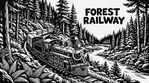 train railway track landscape passing dense forest terrain with locomotive transport infrastructure through tree lined rail horizon showing travel journey transit motion