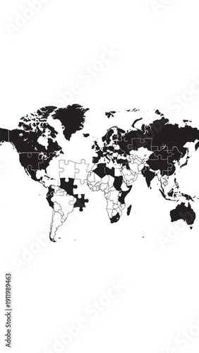 Minimalist black world map silhouette suitable for travel and geography themes.