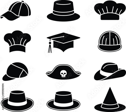 Hat silhouettes collection, baseball cap, fedora, chef hat, graduation cap, hard hat, pirate hat, witch hat, wide-brim design
