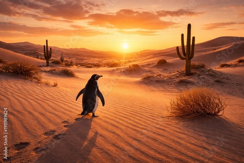 Penguin In Desert At Sunset. Surreal Nature And Adventure Concept.