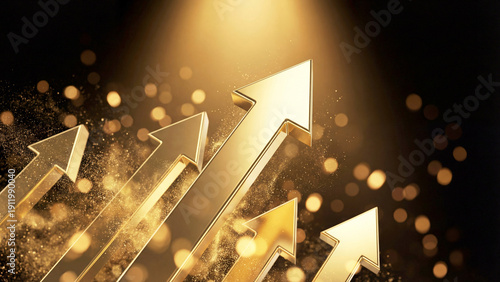 磨き上げられた金色の矢印が、光の粒子を浴びてきらきらと輝きながら上昇する様子を描いています。圧倒的な富と繁栄を象徴し、ビジネスの成功や投資による利益拡大を強く印象づけます。金融や経済の資料、豪華な広告に最適です。