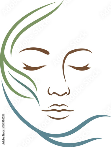 Minimalist line art logo design featuring a serene woman's face subtly intertwined with organic natural leaf shapes symbolizing wellness and beauty treatments