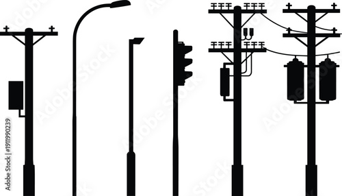 Silhouettes of utility poles, streetlight poles, traffic light poles, transformers, electrical infrastructure, urban design, cityscape elements, power distribution, technology