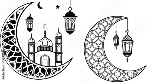 Decorative Islamic Crescent Featuring Mosque Silhouette and Hanging Lamps