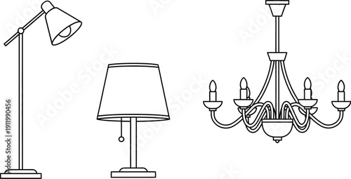 Collection of black and white line art icons representing various essential lighting fixtures including a modern floor lamp a classic table lamp and an ornate hanging chandelier