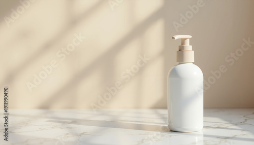 Baby lotion bottle with pump on marble surface in natural light, photo is ideal for websites, presentations  