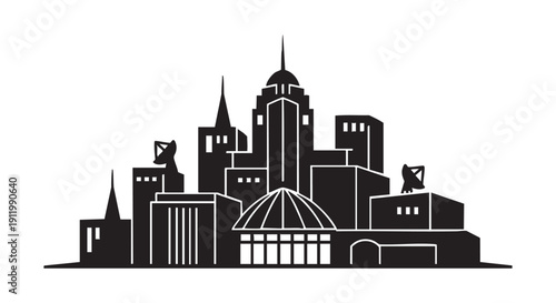 City skyline silhouette with modern skyscrapers, dome, and satellite dishes, depicting urban landscape and metropolitan development. Cityscape illustration.