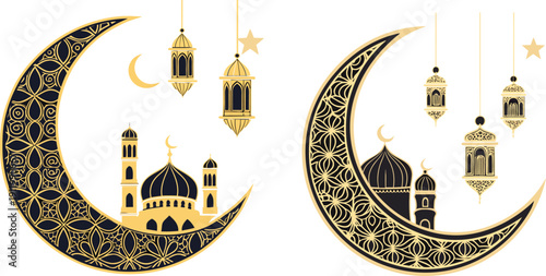 Golden Ramadan Crescent Moon with Mosque and Lanterns Islamic Decorative Illustration