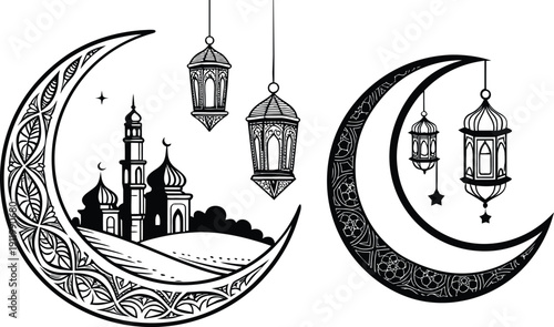 Ramadan Kareem Moon Design with Mosque Architecture Illustration