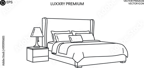 Luxurious king size bed illustration with a tall headboard and accompanying nightstand featuring a traditional bedside lamp, perfect for interior design concepts.