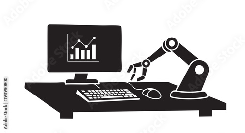Robotic arm silhouette operating computer at desk showing industrial automation and artificial intelligence in modern workspace with data charts on monitor for smart manufacturing and technology