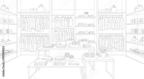Detailed black and white line art drawing showcasing the organized interior of a sophisticated clothing boutique featuring multiple racks of hanging garments and neatly stacked folded merchandise