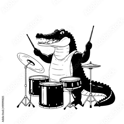 Crocodile playing drums black and white vector illustration drum set animal music