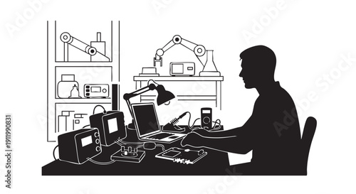 Male engineer silhouette working at electronics laboratory bench using laptop and testing tools for hardware development and robotic maintenance in technical workshop with professional equipment