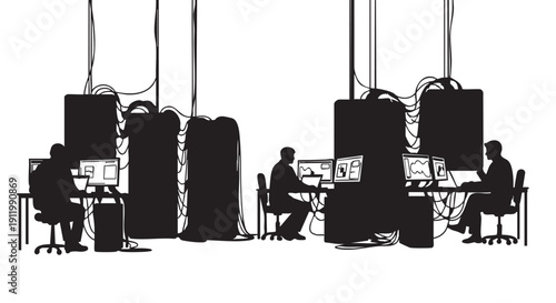 IT room or server room or database room with people in a vector illustration working on computers or coding or programming or writing algorithms or hacking or developing software