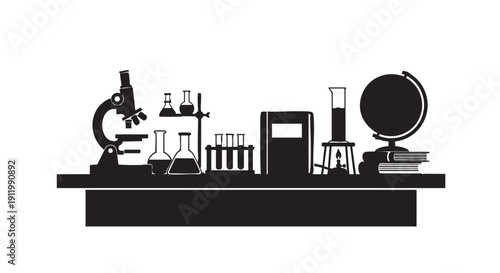 Science lab or chemistry lab or research lab with scientific equipment or laboratory glassware or microscope or test tubes or flasks or books or globe