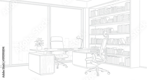 Outlined executive office interior featuring a large wooden desk, comfortable ergonomic chairs, and a floor to ceiling bookcase stocked with numerous volumes against a city view.