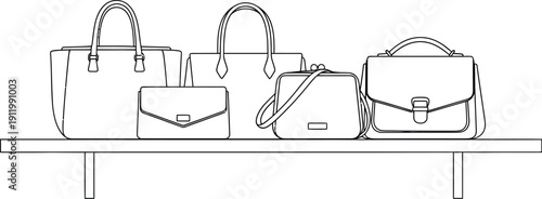 Line art illustration showcasing a collection of four stylish women's handbags and small purses neatly arranged upon a simple display shelf for retail presentation.
