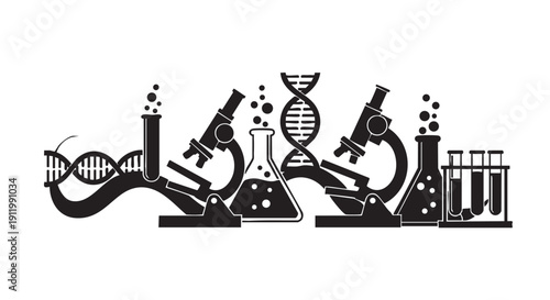 Science laboratory research equipment and dna strands in black and white illustration