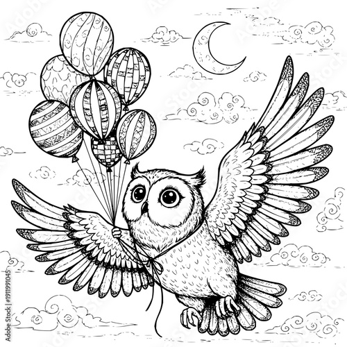 Owl flying with balloons moon background night sky clouds black and white