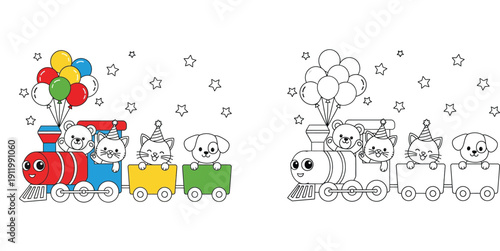Cute Animals in a Party Train with Balloons and Stars - Celebration Fun