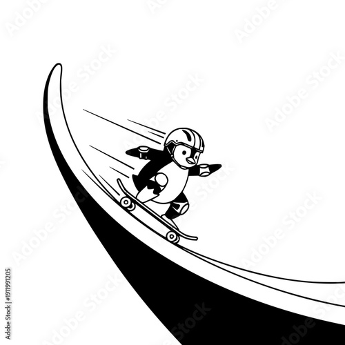 Penguin skateboarding down black ramp skateboard illustration vector monochrome