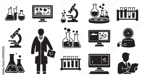 Collection of science and research icons including microscopes computers dna and lab equipment