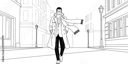 Stylish man wearing a long trench coat and flowing scarf walks confidently down a city street in this clean black and white outline illustration drawing.