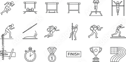 Collection of outline icons depicting various track and field athletics events including running hurdles pole vaulting shot put and essential sporting elements like medals timers and trophies