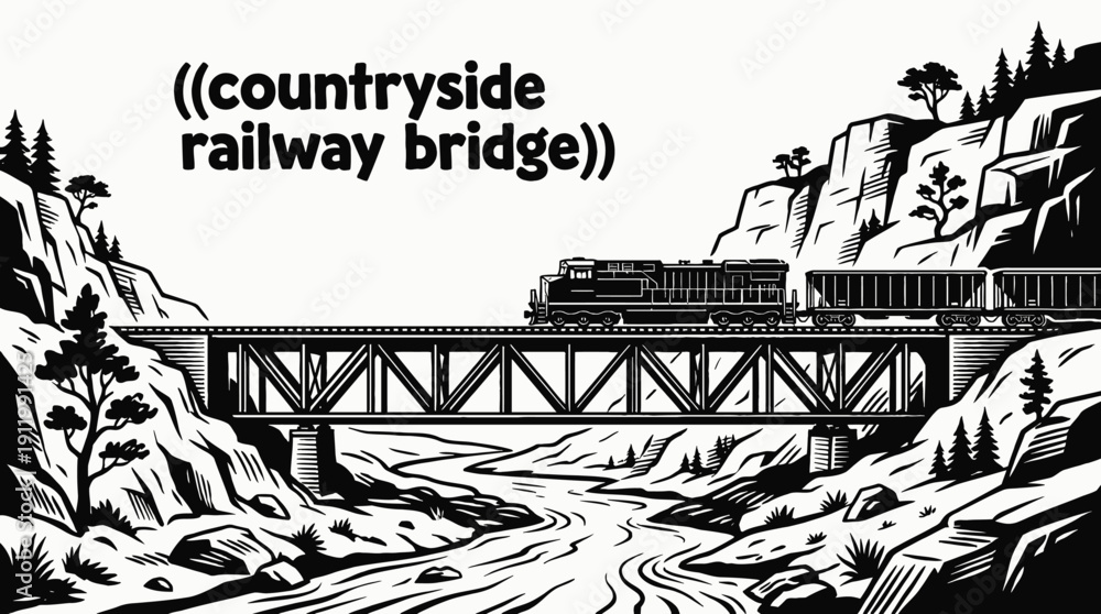 Fototapeta premium train railway track landscape crossing rural river bridge with freight locomotive transport infrastructure over countryside horizon showing travel journey transit motion passenger environment