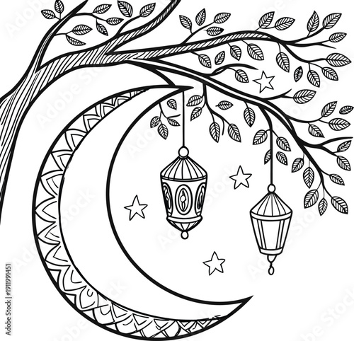 Artistic Moon and Lantern Silhouette for Islamic Celebration