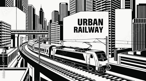 train railway track landscape inside modern city black and white skyline with electric locomotive transport infrastructure between buildings along urban horizon showing travel journey transit motion