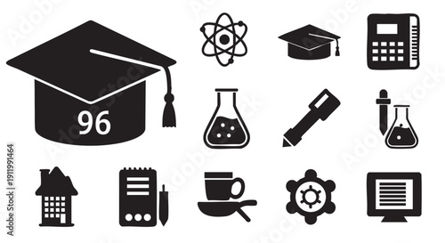 Collection of educational and academic vector icons, including graduation cap, atom, calculator, beaker, pen, house, notepad, coffee cup, gear, and monitor with text