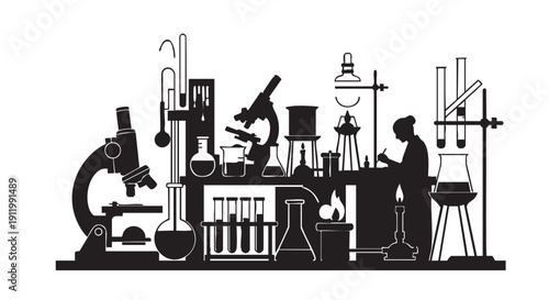 Scientific laboratory setup with various equipment, including microscopes, test tubes, beakers, flasks, and a person working on experiments, vector illustration on white background
