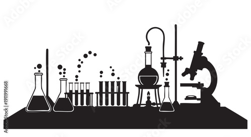 laboratory equipment for science experiments and research, scientific glassware and instruments for chemical analysis in black and white illustration