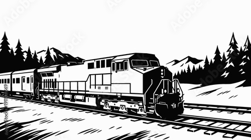 train railway track landscape across snowy terrain with diesel locomotive transport infrastructure under cold winter horizon showing travel journey freight passenger transit motion