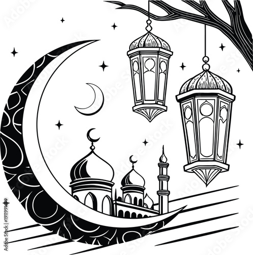 Islamic Ramadan Night Illustration with Crescent Moon Mosque and Hanging Lanterns