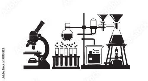 scientific laboratory setup for chemical experiments with glassware, microscope, and heating apparatus, detailed research instruments for scientific discovery