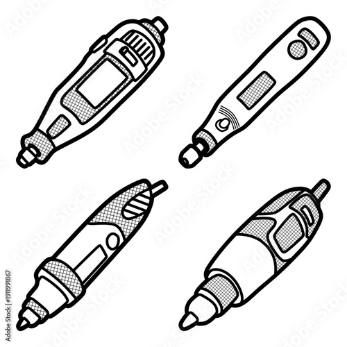 four black and white simple electric drill vectors, editable lines