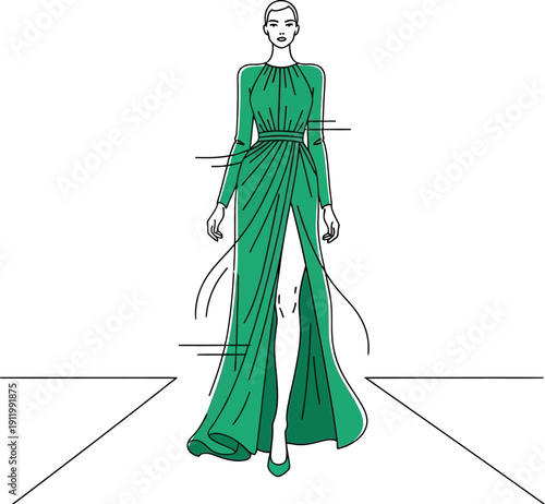 Elegant fashion illustration depicts a slim female model confidently walking down a runway wearing a flowing emerald green evening gown featuring a high side slit and long sleeves.