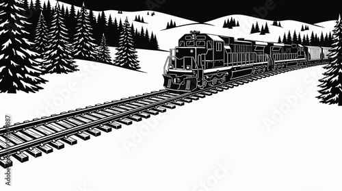 train railway track landscape across snowy terrain with diesel locomotive transport infrastructure under cold winter horizon showing travel journey freight passenger transit motion