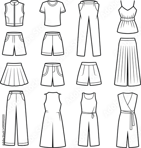 Women’s fashion clothing sketches, tops, pants, shorts, skirts, jumpsuits, wrap styles, pleated designs, garment illustration grid, black outline design