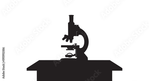Professional optical microscope silhouette sitting on laboratory table for scientific research and medical diagnostics isolated on white background for education and biotechnology design work