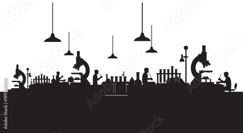 Science laboratory vector silhouette with scientists working on experiments using microscopes and various lab equipment under hanging lamps in a research facility